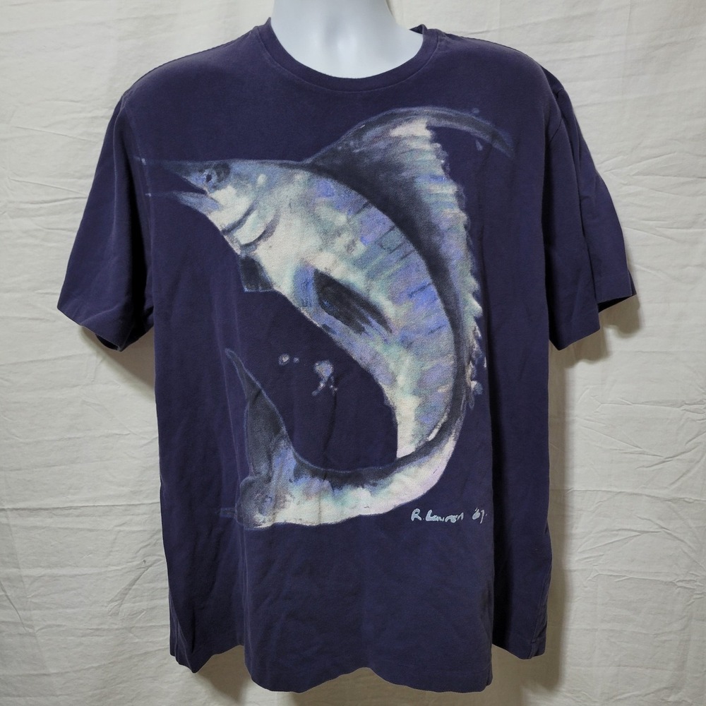 Vintage Polo Ralph Lauren Swordfish Marlin Graphic T Shirt XL Navy Blue RL 67